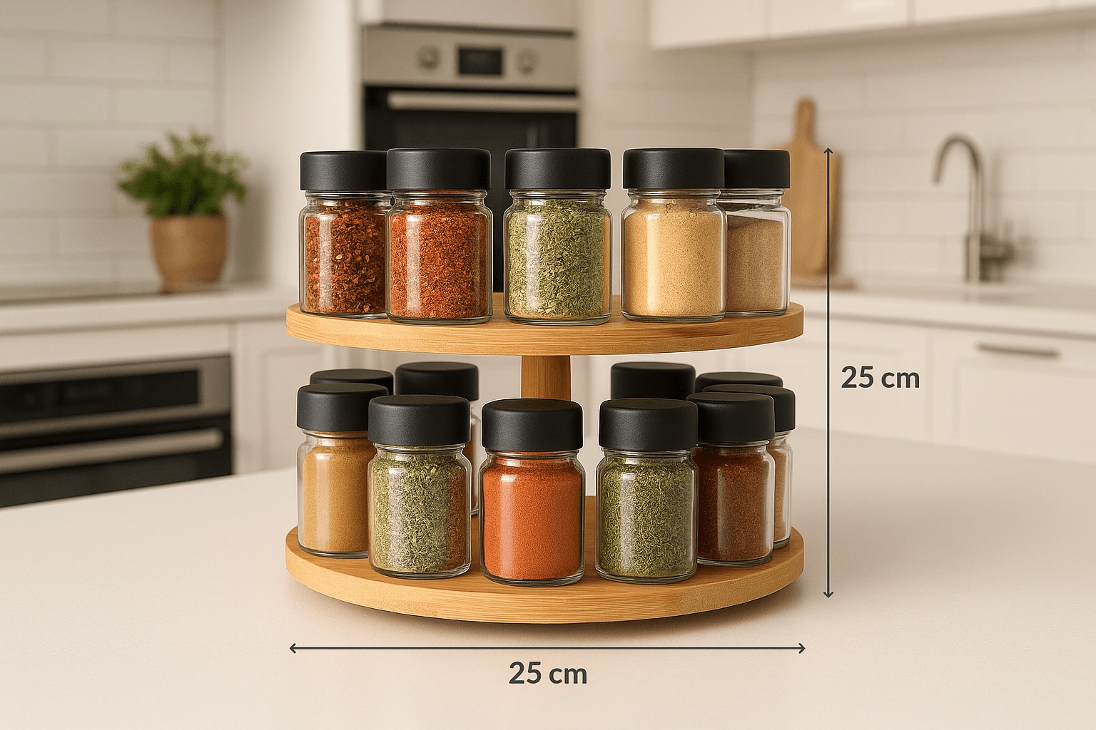 Porta Temperos Giratório Bambu 2 Andares com 16 Potes Vidro