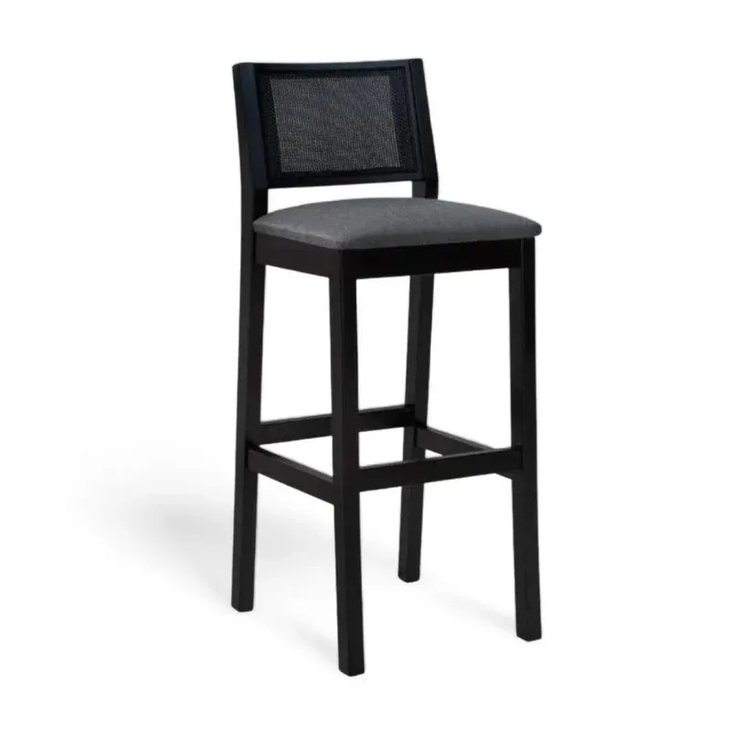 Banqueta de Madeira com Telinha e Estofado Litoriane cor Preto Tecido — Moda Praia Feminina Sal & Brisa