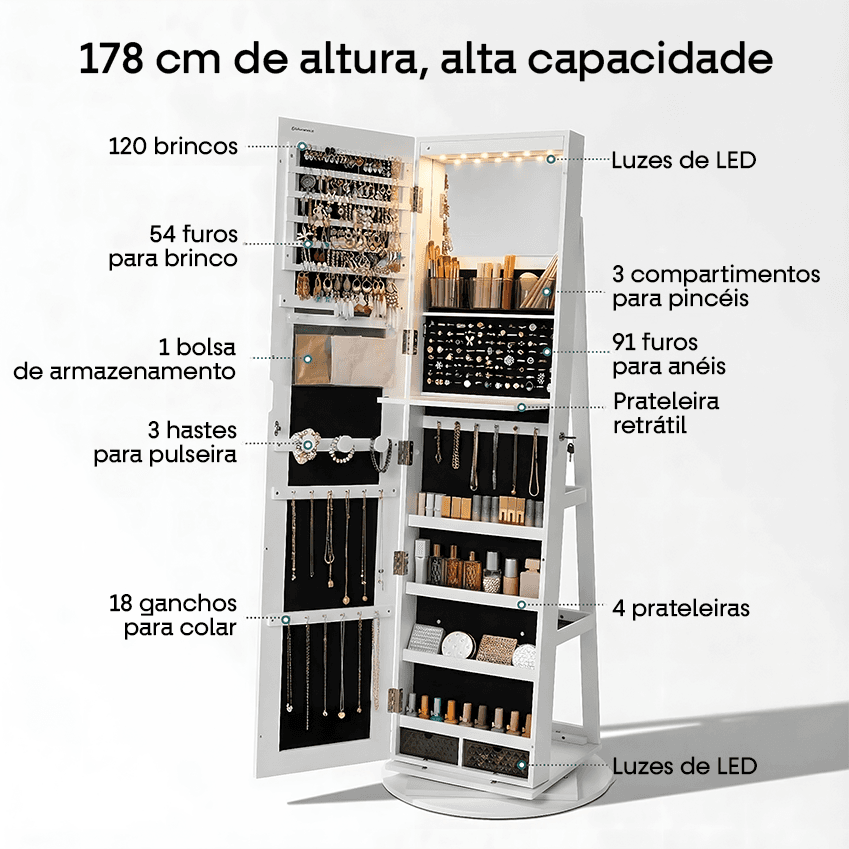 Espelho 360° 3 em 1 Penteadeira & Porta Joias e Bolsas