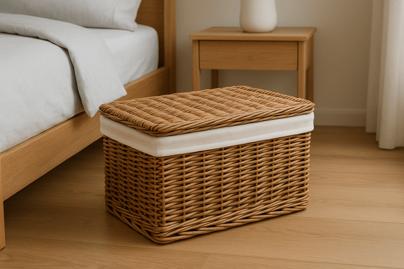 Cesta Organizadora com Tampa Vime Natural Forro Branco 35x25cm — Moda Praia Feminina Sal & Brisa