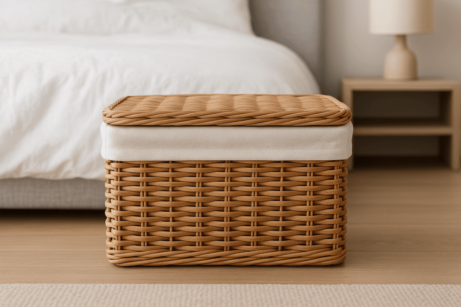 Cesta Organizadora com Tampa Vime Natural Forro Branco 35x25cm