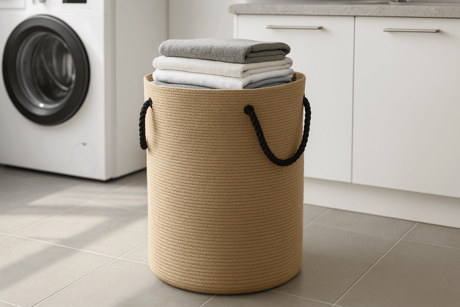Cesto de Roupas Juta Natural com Alças Corda Preta 50x60cm