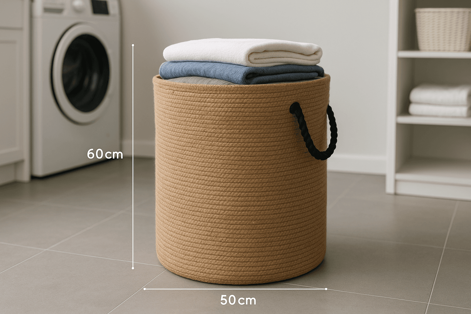Cesto de Roupas Juta Natural com Alças Corda Preta 50x60cm